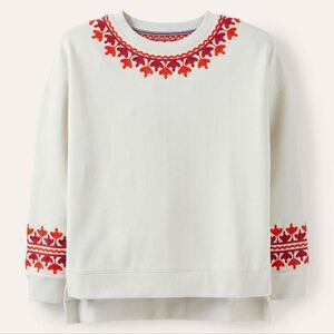 Boden Jasmine Sweatshirt Cotton Medium Relaxed Fit Ivory Red Embroidered Holiday